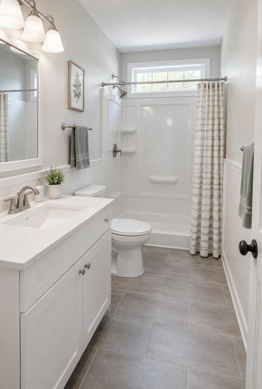 Bright, updated residential bathroom with a tiled shower